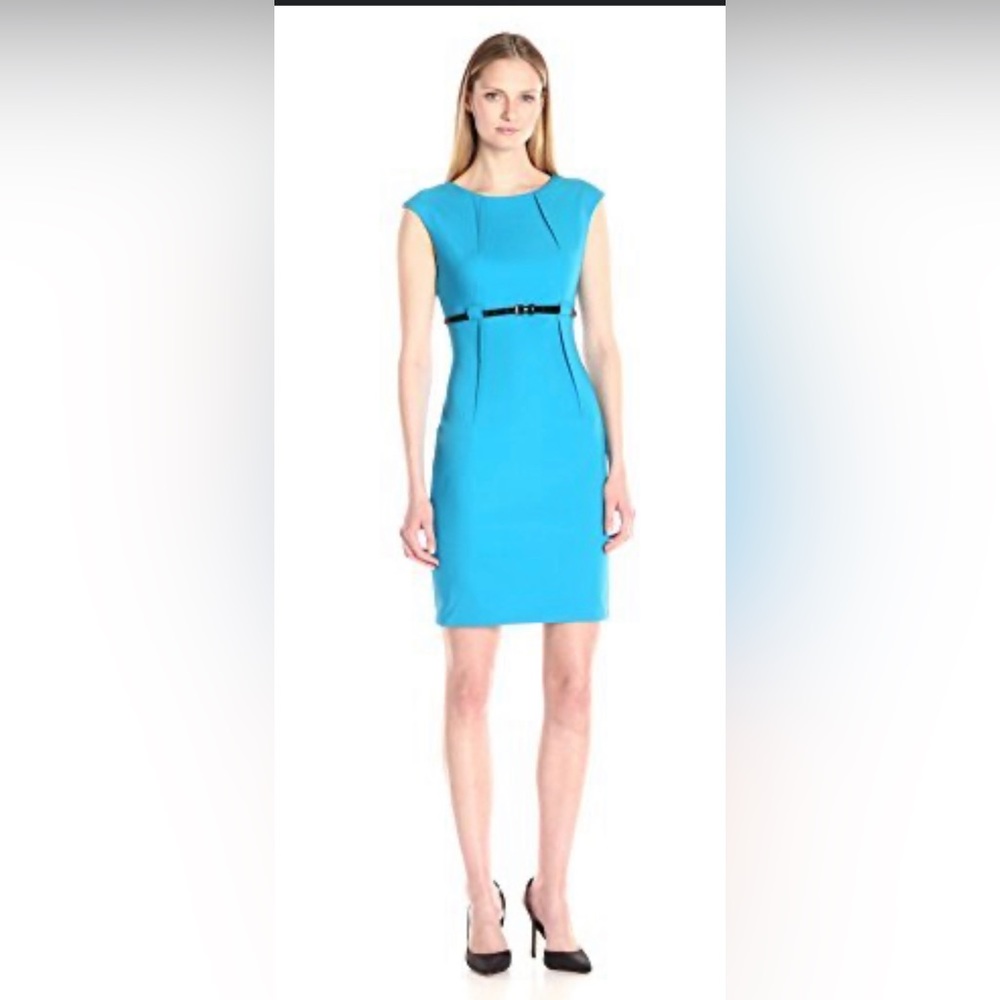 Calvin Klein Cap-sleeve sheath dress with empire waist featuring skinny belt